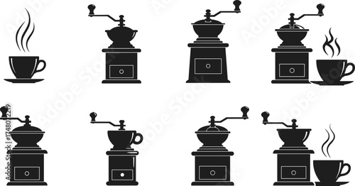 Coffee cup silhouettes, manual grinder icons, black vector tools, steaming beverage, vintage coffee gear, traditional brewing, café art, kitchen decor
