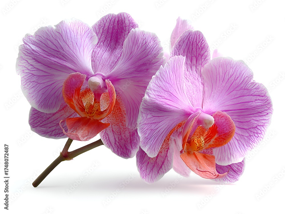 Obraz premium Two delicate pink orchid flowers with orange centers are isolated against a clean white background image today.
