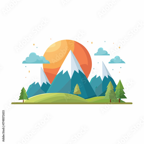 Cartoon illustration of a mountain range with snow-capped peaks, green hills, trees, clouds and a large orange sun. Camping vectors.