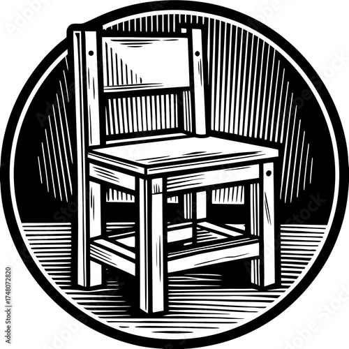 Rustic wooden chair illustration, showcasing its simple design and sturdy construction in a vintage style drawing