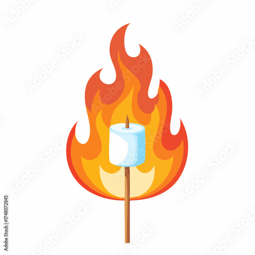 Cartoon illustration of a marshmallow on a stick being roasted over a vibrant orange and yellow flame. Camping vectors.