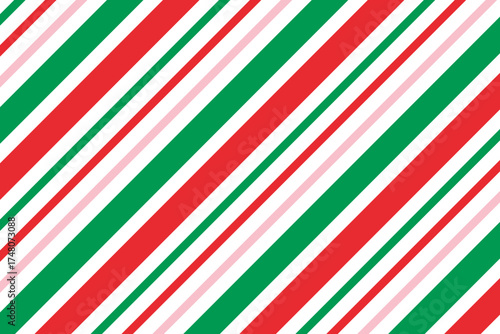 Christmas candy can seamless pattern. Red pink and green diagonal stripes background. Repeating decoration wallpaper. Winter holiday lines backdrop. Christmas peppermint present wrapping