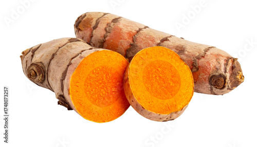 Vibrant Turmeric Roots, Whole and Sliced, Showcasing Golden-Orange Interior – A Natural Spice and Healthy Ingredient for Culinary and Wellness Uses