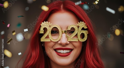 Woman wearing 2026 shaped glasses celebrating the New Year with joy and sparkle. Happy woman with 2026 New Year glasses posing for festive celebration visuals. Happy New Year 2026