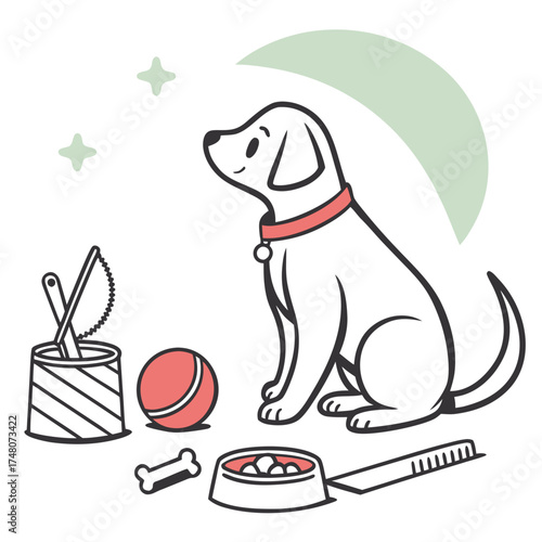 A cartoon dog sitting near a bowl, bone, ball, brush, and container under a green crescent and stars
