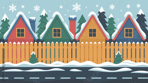 A winter scene with colorful houses covered in snow behind a wooden fence and evergreen trees
