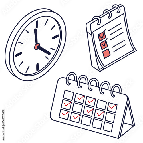 Isometric illustration of a clock and two calendars with checkmarks indicating completed tasks and events