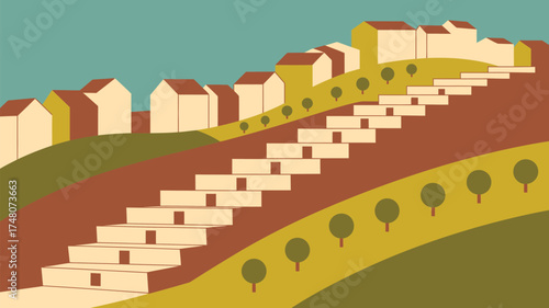 Stylized landscape with houses on hills and stairs leading up, under a blue sky, in a flat design style