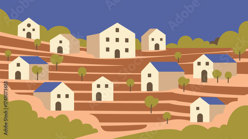 Illustration of houses on terraced hills with trees and a blue sky in a simple cartoon style