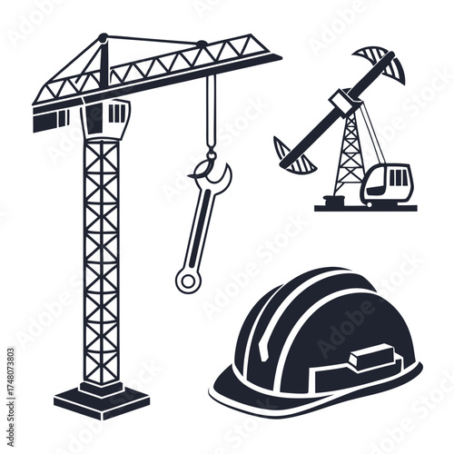 Illustration of a construction crane with a wrench hanging next to an oil pump and a hard hat icon