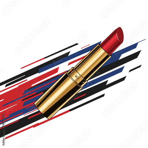 Red lipstick in a gold tube on abstract colorful background  