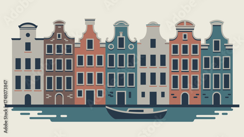 Illustration of colorful buildings with many windows and a boat on the water in front of them flat style
