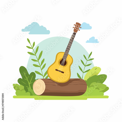 A yellow guitar rests on a log surrounded by green foliage against a sky-blue backdrop with clouds. Camping vectors.