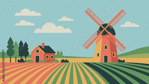 A cartoon landscape with a windmill house trees and fields under a blue sky with white clouds above it all