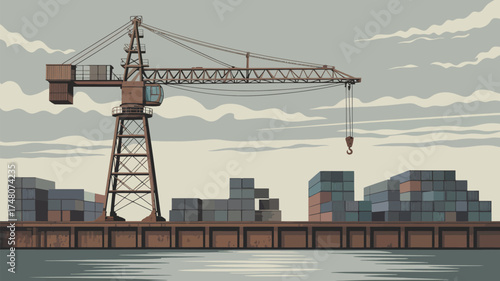 A cartoon illustration of a crane at a port with shipping containers under a cloudy sky background