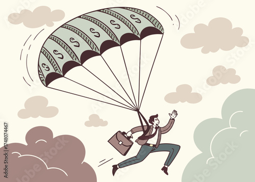 Businessman Floating Down from the Sky with a Parachute Made of Money