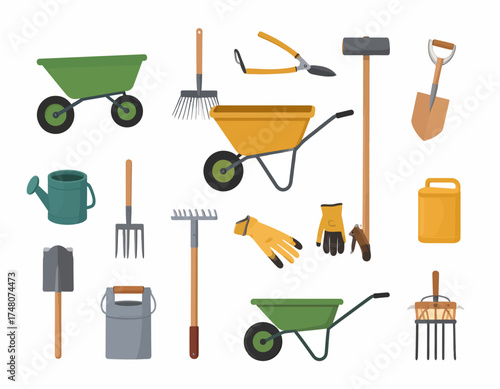 Graphic illustration of various gardening tools and equipment arranged on a clean white background.