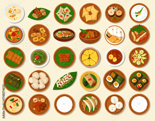 Flat lay illustration of various international dishes arranged in rows on plates and leaves against a beige background.