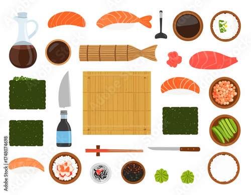Flat lay composition of various sushi ingredients and tools on a white background with a wooden sushi mat.