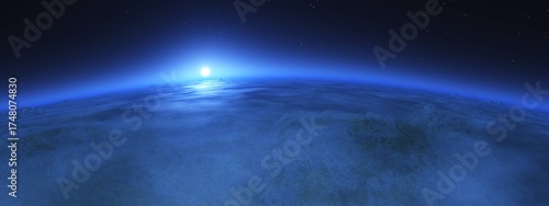 Venus. Venusian landscape from low orbit at sunrise, alien landscape at sunset, 3d rendering