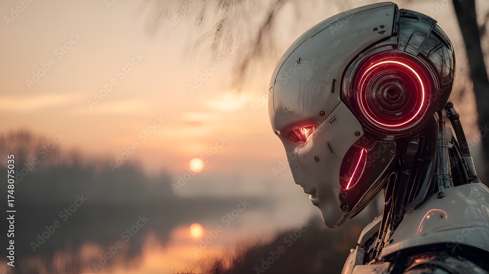 Fototapeta premium A futuristic humanoid robot contemplates a serene sunset reflecting on water in a natural outdoor setting.