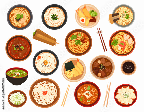 Flat lay illustration of various Asian noodle and rice dishes with utensils on a clean white background.