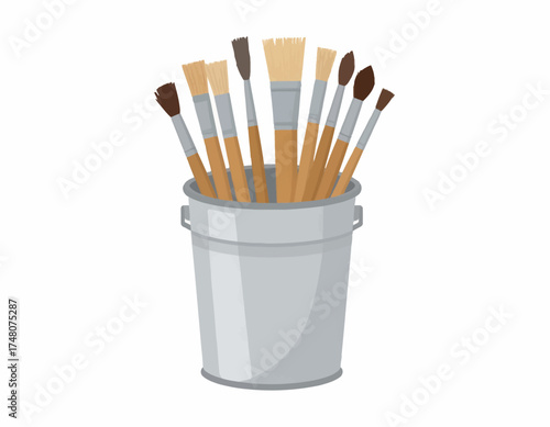 Illustration of a metal bucket filled with assorted paintbrushes against a clean white background.