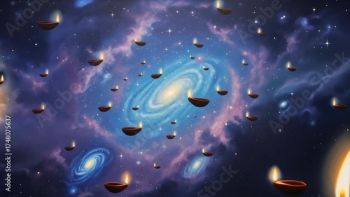 Lit diya oil lamps floating through a galaxy, surrounded by stars and nebulae, a spiritual cosmic concept video.