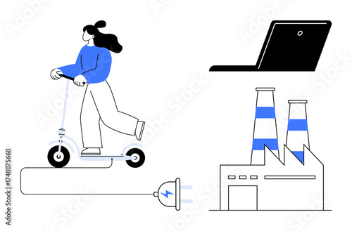 Young woman rides electric scooter linked to a power plug. Factory with smokestacks and laptop appear. Ideal for renewable energy, eco-transport, tech progress, sustainable lifestyle, clean industry