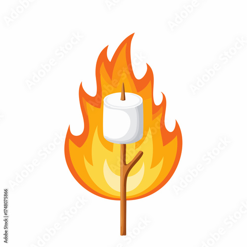 A marshmallow roasting over a brightly burning campfire flame, ready to eat.