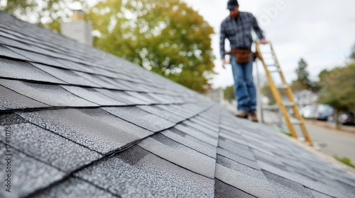 Wallpaper Mural Roofer conducting final inspection on newly completed roof. A proud contractor stands on a ladder near the roof edge, visually checking alignment and cleanliness after installation Torontodigital.ca