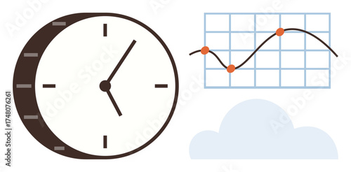 Analog clock, line graph showing data trends, and cloud symbolizing time management, analytics, and cloud computing. Ideal for business, productivity, planning, strategy analytics technology