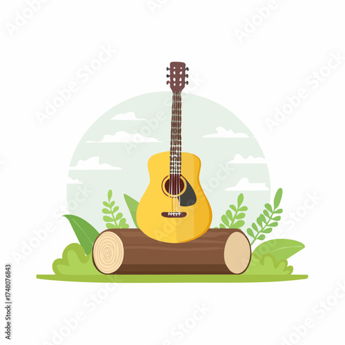 A yellow acoustic guitar rests on a wooden log with natural foliage.