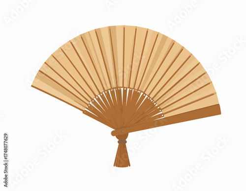 A traditional wooden hand fan with a tassel on a white background in a close-up view.