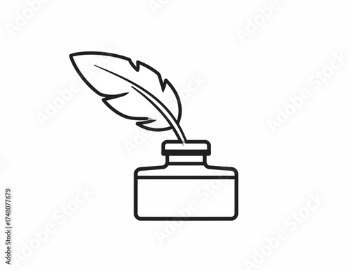 A simple line drawing of a feather quill pen dipping into an inkwell on a plain white background.