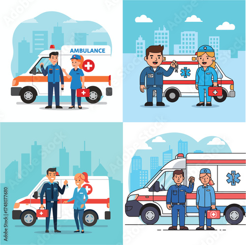 Four illustrations showing paramedics standing next to ambulances, holding medical kits, with a city skyline in the background.