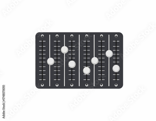 Close-up view of a black audio mixing board with white knobs on a plain white background.