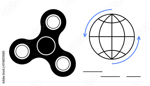 Black fidget spinner with three arms beside circular globe with arrows indicating global rotation and motion. Ideal for innovation, connectivity, stress relief, global themes, creativity, movement