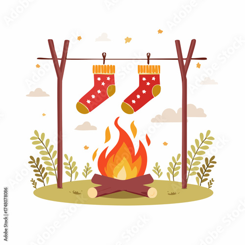 Two red socks with white polka dots hang over a campfire, with foliage and clouds in the background.