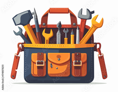 Graphic illustration of a tool bag filled with various tools on a white background.
