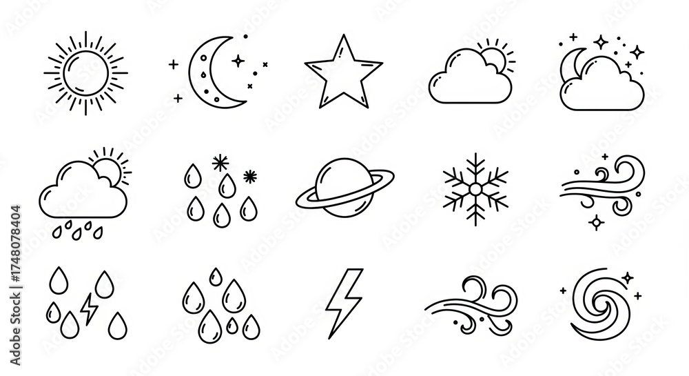Obraz premium Minimal Weather and Celestial Icons , Sun, Moon, Star, Cloud, Snowflake, Lightning, and Planet Outline Vector Set