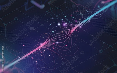 Digital illustration showcasing abstract data flow and network connection. A mesmerizing display of interconnected lines and glowing nodes symbolizing digital information transfer