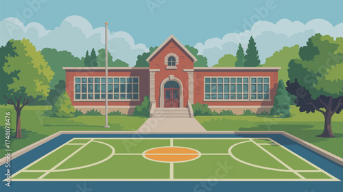 A cartoon school building with a basketball court and trees on a sunny day in a vector illustration
