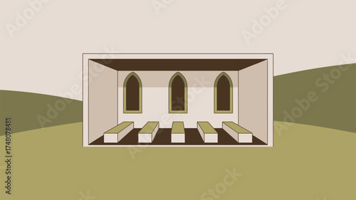 A simple illustration of an interior space with three windows and benches in a minimalist style art