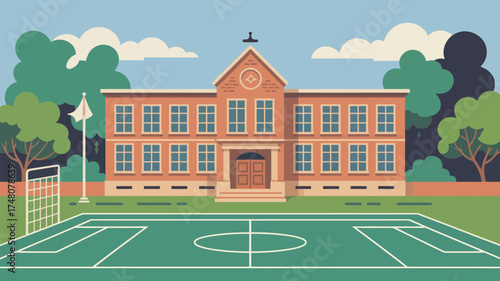 A cartoon illustration of a school building with a sports field and trees under a cloudy blue sky