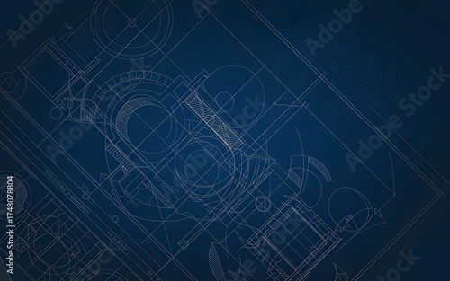 Detailed abstract engineering blueprint on a dark blue background, showcasing intricate technical drawings and designs.