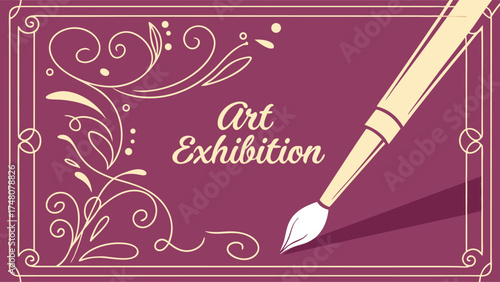 Elegant art exhibition invitation design with floral flourishes and paintbrush, perfect for gallery openings and artist showcases