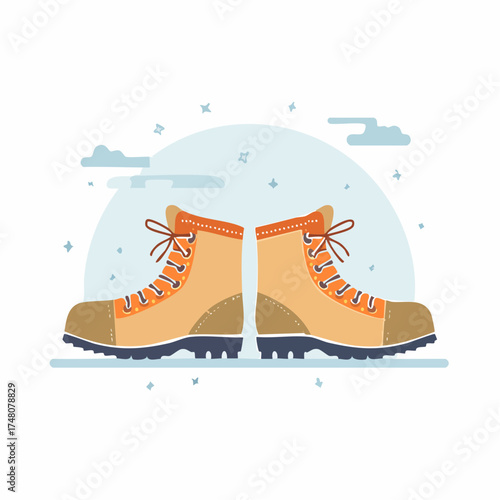 Two hiking boots are placed side-by-side against a light blue backdrop suggesting an outdoor adventure.