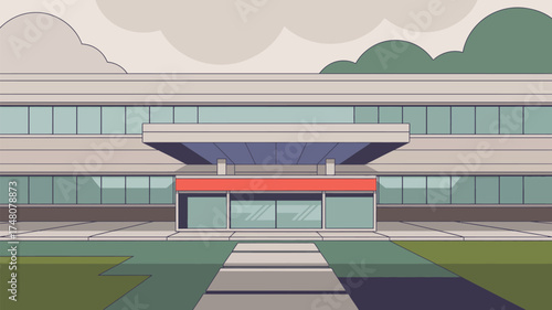 A cartoon style image of a modern building with large windows and a walkway leading to the entrance