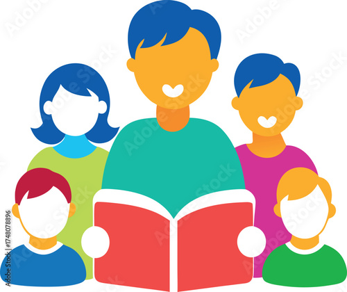 Colorful vector of a family reading a book together on a generations family reunion white background